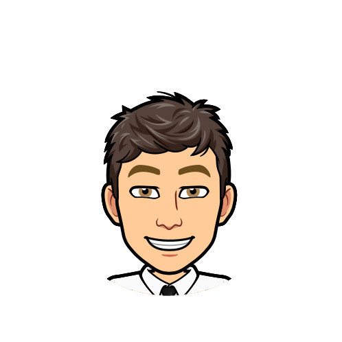 Alex Bitmoji smiling at a desk that has a stack of papers and he is on the phone.